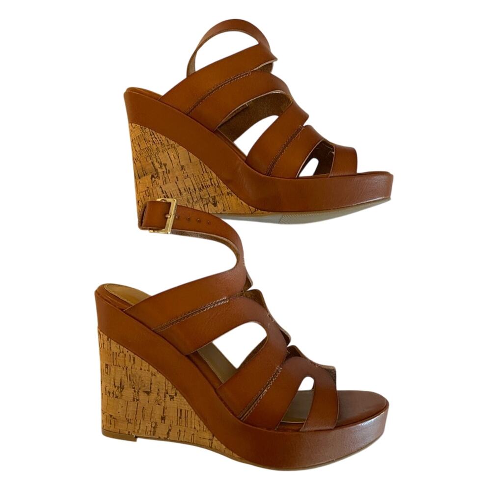 Material Girl Women's‎ 8 NWOT Faux Leather Neutral Brown Open Toe Wedge Sandal